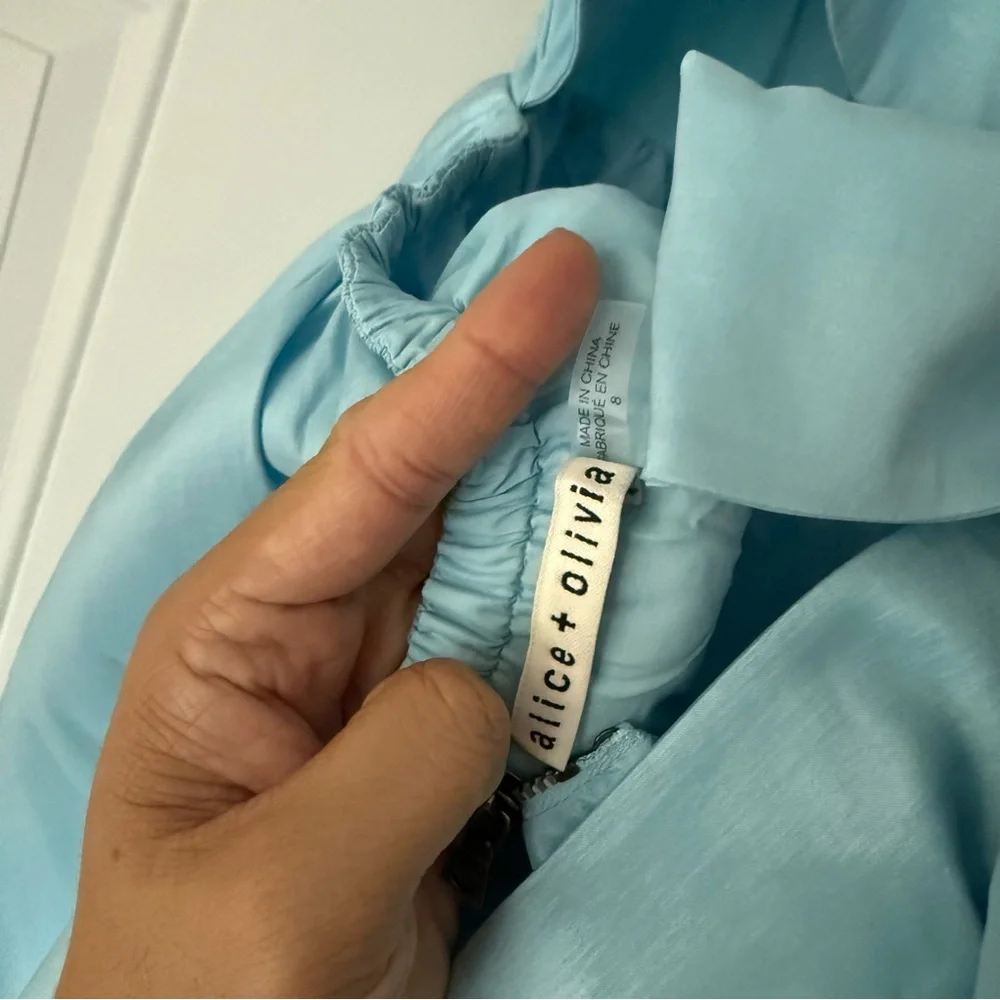 ALICE + OLIVIA baby blue babydoll puff short‎ sleeve tie back square neck mini